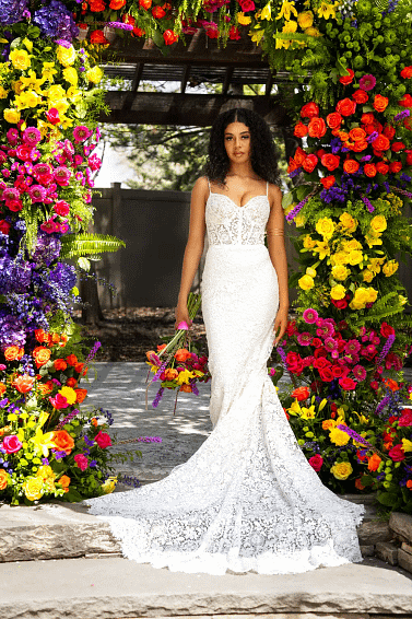 Elegant outdoor bridal portrait with custom wedding dress and veil by Masterpiece Images